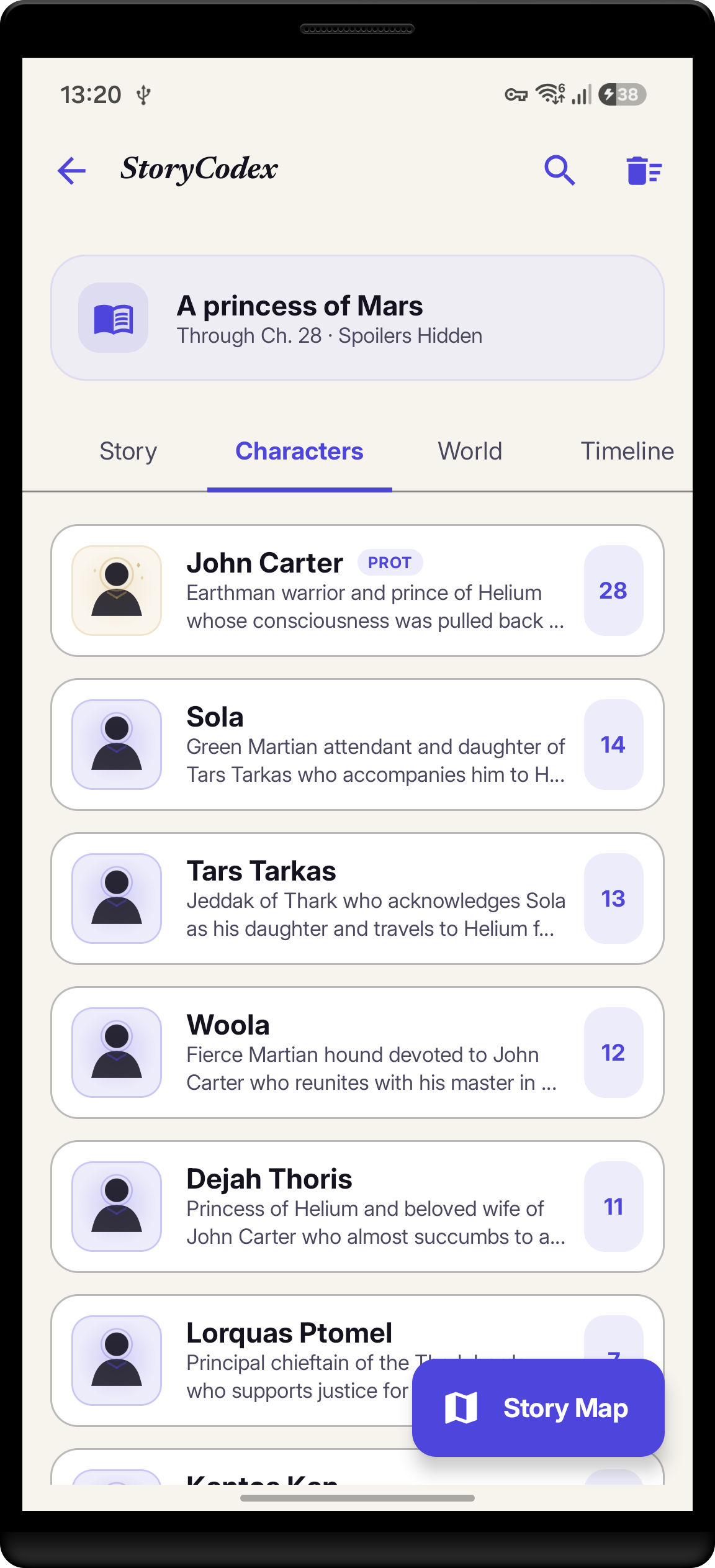 StoryCodex story Codex screen